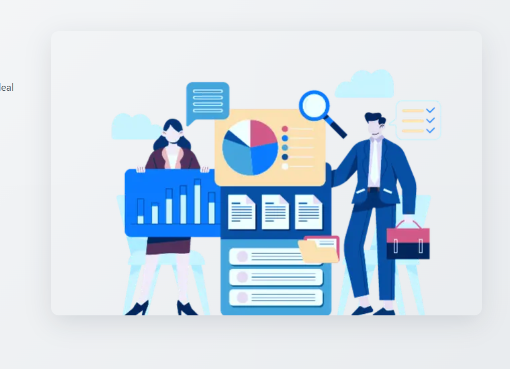 Professionals reviewing company intelligence: charts, documents, and data visuals in a clean blue flat illustration style.